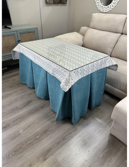 Ropa de Mesa Camilla Antimanchas Aterciopelada Triple Grueso Reforzada 10 pliegues Kumar Verde con Tapete Rayas Gris