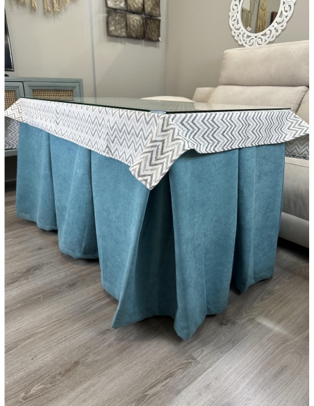 Ropa de Mesa Camilla Antimanchas Aterciopelada Triple Grueso Reforzada 10 pliegues Kumar Verde con Tapete Rayas Gris