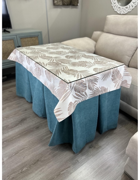 Ropa de Mesa Camilla Antimanchas Aterciopelada Triple Grueso Reforzada 10 pliegues Kumar Verde con Tapete Palmeras Rosa