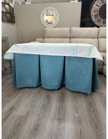 Ropa de Mesa Camilla Antimanchas Aterciopelada Triple Grueso Reforzada 10 pliegues Kumar Verde con Tapete Palmeras Azul