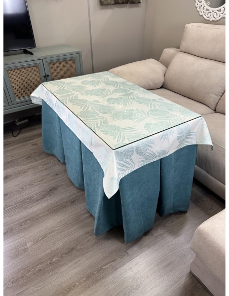 Ropa de Mesa Camilla Antimanchas Aterciopelada Triple Grueso Reforzada 10 pliegues Kumar Verde con Tapete Palmeras Azul