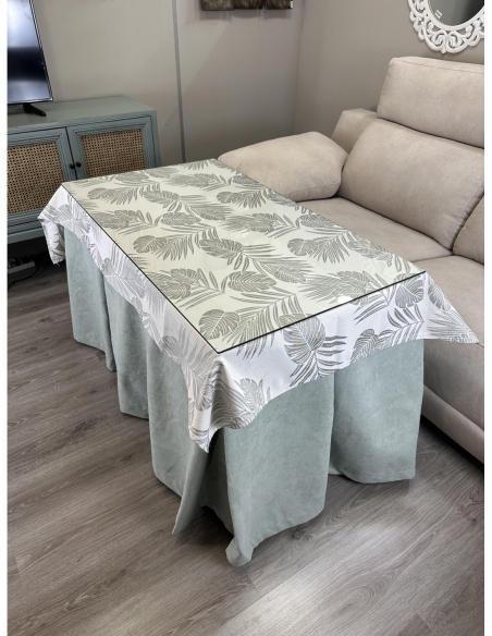 Ropa de Mesa Camilla Antimanchas Aterciopelada Triple Grueso Reforzada 10 pliegues Kumar Agua con Tapete Palmeras Gris