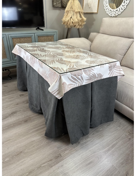 Ropa de Mesa Camilla Antimanchas Aterciopelada Triple Grueso Reforzada 10 pliegues profundos Gris con Tapete Palmeras Rosa