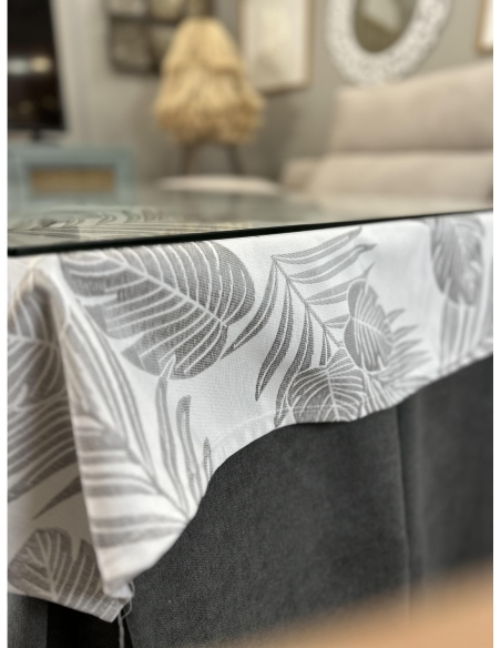 Ropa de Mesa Camilla Antimanchas Aterciopelada Triple Grueso Reforzada 10 pliegues profundos Gris con Tapete Palmeras Gris