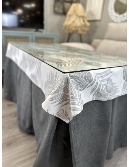 Ropa de Mesa Camilla Antimanchas Aterciopelada Triple Grueso Reforzada 10 pliegues profundos Gris con Tapete Palmeras Gris