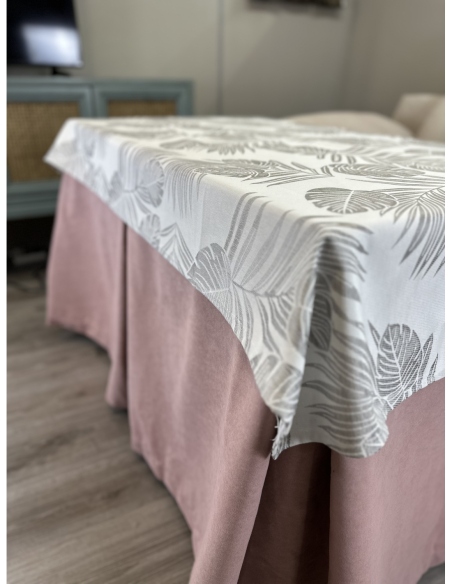 Ropa de Mesa de Camilla Antimanchas Aterciopelada Triple Grueso Nature Rosa con Tapete Deluxe Palmeras Beige