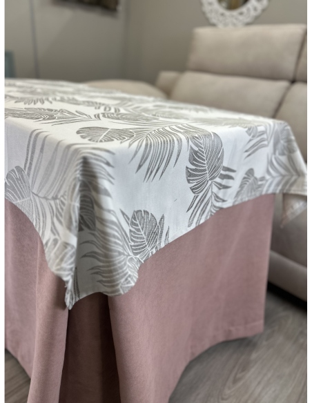 Ropa de Mesa de Camilla Antimanchas Aterciopelada Triple Grueso Nature Rosa con Tapete Deluxe Palmeras Beige