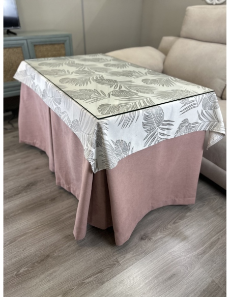 Ropa de Mesa de Camilla Antimanchas Aterciopelada Triple Grueso Nature Rosa con Tapete Deluxe Palmeras Beige