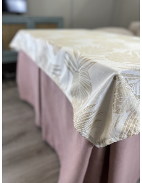 Ropa de Mesa de Camilla Antimanchas Aterciopelada Triple Grueso Nature Rosa con Tapete Deluxe Palmeras Gris