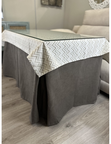 Ropa de Mesa de Camilla Antimanchas Aterciopelada Triple Grueso Nature Marrón con Tapete Deluxe Torino Rayas