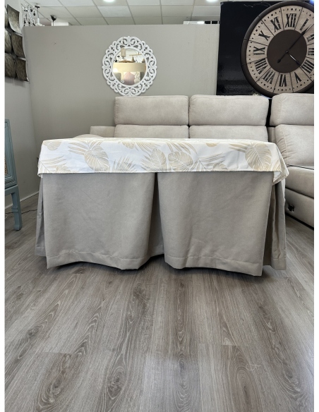 Ropa de Mesa de Camilla Antimanchas Aterciopelada Triple Grueso Nature Beige con Tapete Deluxe Palmeras Beige