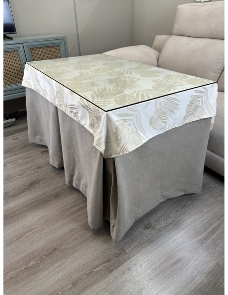 Ropa de Mesa de Camilla Antimanchas Aterciopelada Triple Grueso Nature Beige con Tapete Deluxe Palmeras Beige