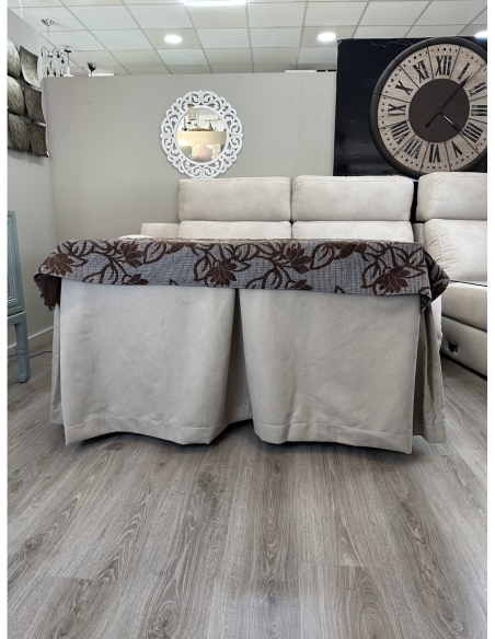 Ropa de Mesa de Camilla Antimanchas Aterciopelada Triple Grueso Nature Beige con Tapete Deluxe Flores Marrón