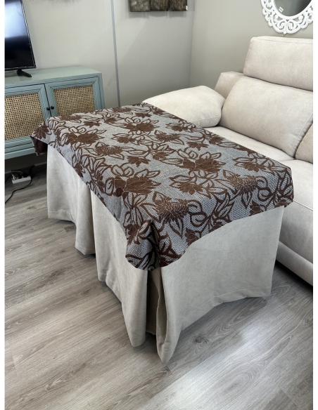 Ropa de Mesa de Camilla Antimanchas Aterciopelada Triple Grueso Nature Beige con Tapete Deluxe Flores Marrón