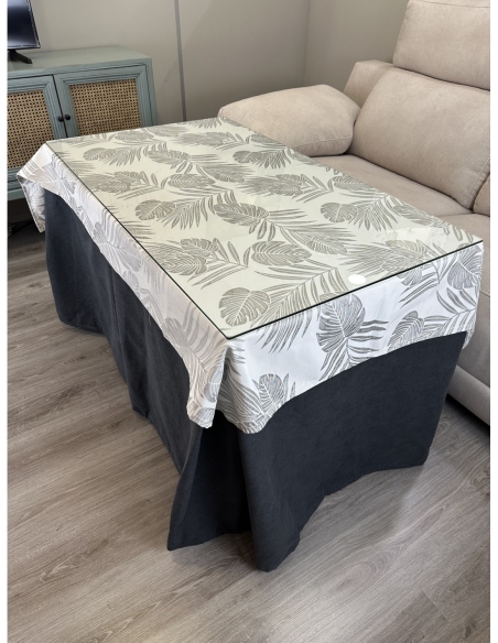 Ropa de Mesa de Camilla Antimanchas Aterciopelada Triple Grueso Marengo con Tapete Deluxe Palmeras Gris