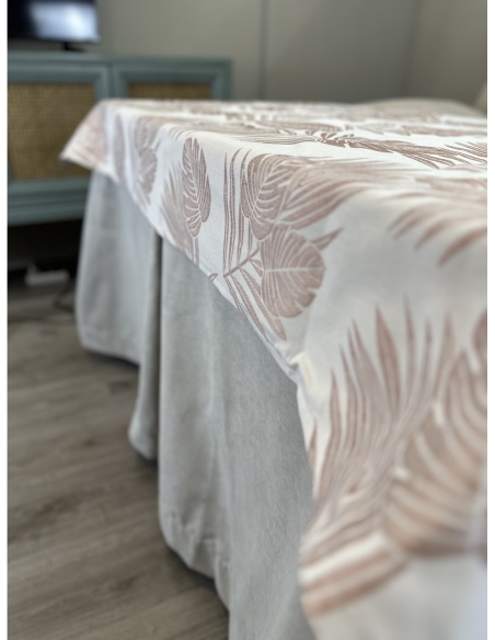 Ropa de Mesa de Camilla Antimanchas Aterciopelada Triple Grueso Gris Perla con Tapete Deluxe Palmeras Rosa