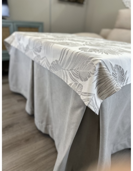 Ropa de Mesa de Camilla Antimanchas Aterciopelada Triple Grueso Gris Perla con Tapete Deluxe Palmeras Gris