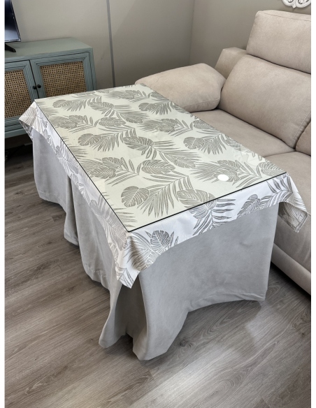 Ropa de Mesa de Camilla Antimanchas Aterciopelada Triple Grueso Gris Perla con Tapete Deluxe Palmeras Gris