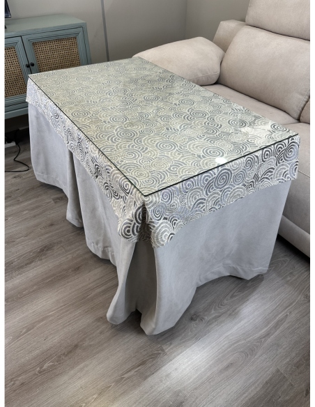 Ropa de Mesa de Camilla Antimanchas Aterciopelada Triple Grueso Gris Perla con Tapete Deluxe Círculos Gris