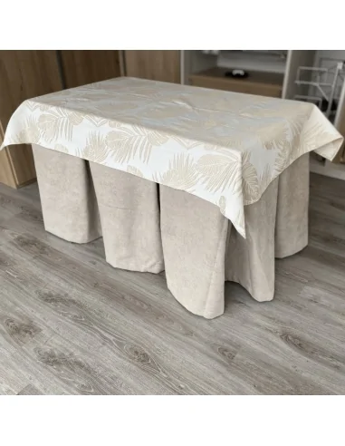 Ropa de Mesa Camilla Antimanchas Aterciopelada Triple Grueso Beige con Tapete Flor Beige Multimedida