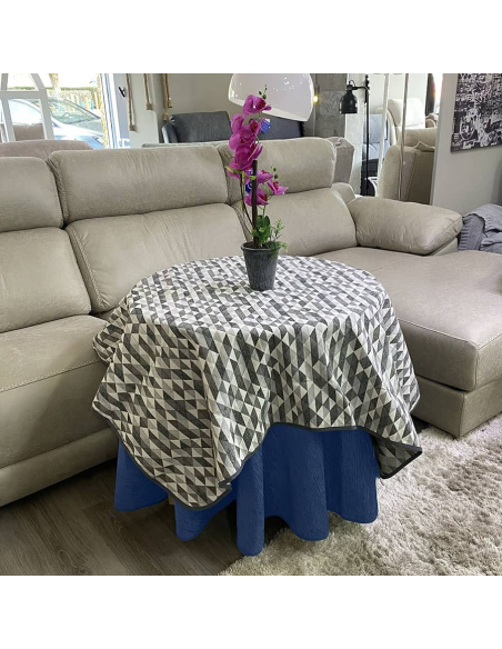 Ropa Mesa Redonda Chenilla Costura Reforzada color Azul con Tapete Picasso