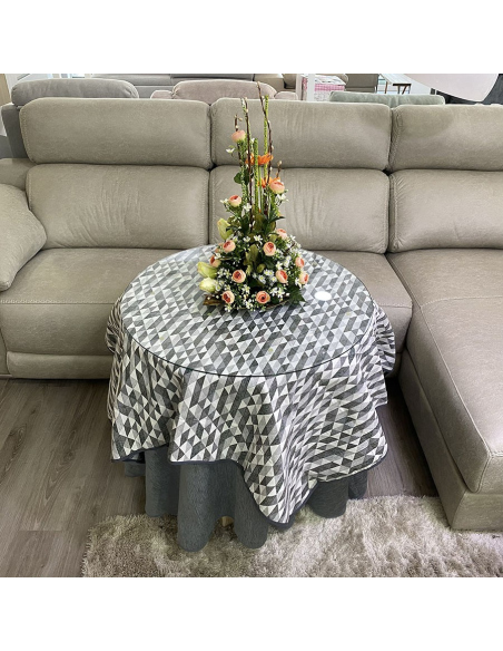 Conjunto Mesa Redonda + Ropa Chenilla Costura Reforzada color Grafito Multimedida con Tapete Picasso