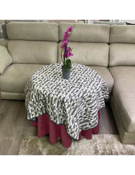 Ropa Mesa Redonda Chenilla Costura Reforzada color Rosa Salmón con Tapete Picasso