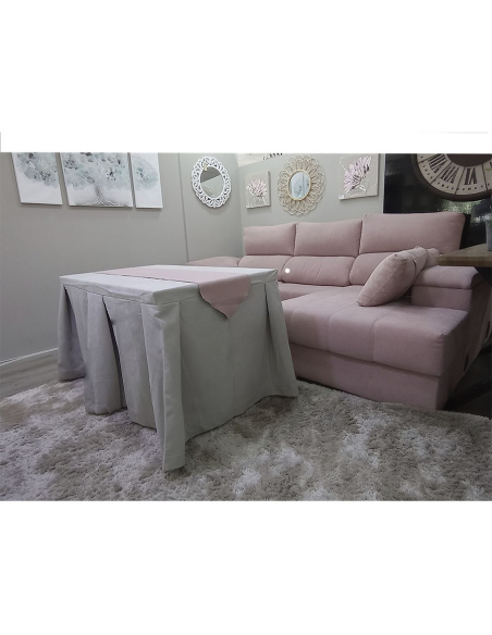 Conjunto Mesa + Ropa de Mesa Camilla Moderna Antimanchas color Gris con Camino Rosa