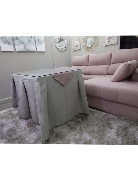 Conjunto Mesa + Ropa de Mesa Camilla Moderna Antimanchas color Gris con Camino Rosa