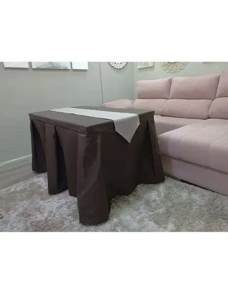 Conjunto Mesa + Ropa de Mesa Camilla Moderna Antimanchas color Chocolate con Camino Gris
