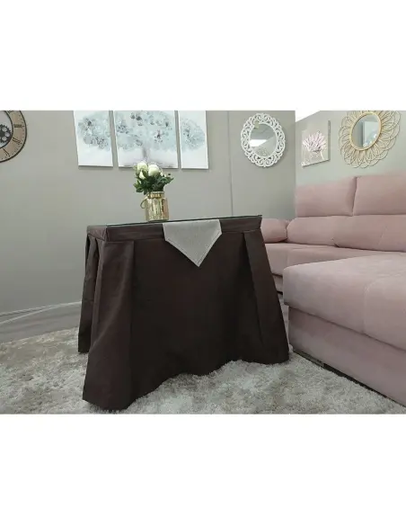 Conjunto Mesa + Ropa de Mesa Camilla Moderna Antimanchas color Chocolate con Camino Gris
