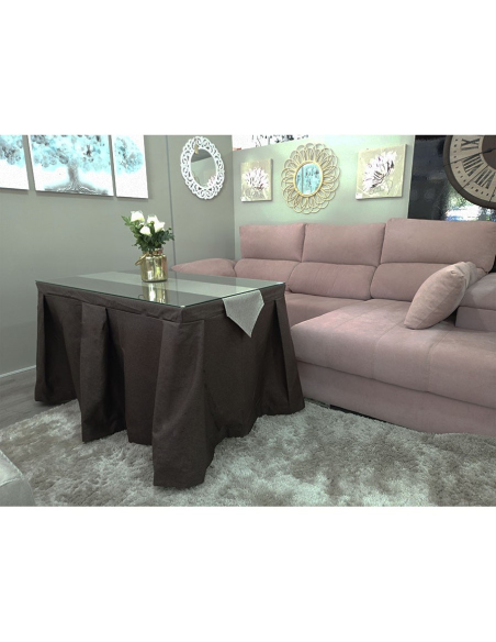 Conjunto Mesa + Ropa de Mesa Camilla Moderna Antimanchas color Chocolate con Camino Gris