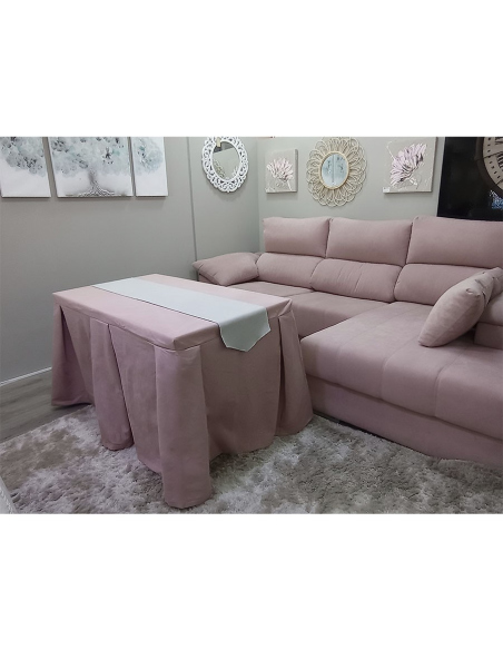 Conjunto Mesa + Ropa de Mesa Camilla Moderna Antimanchas color Rosa con Camino