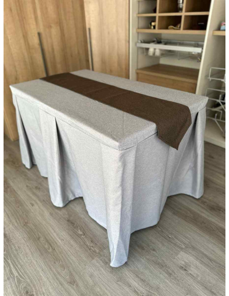 Pack Mesa + Ropa de Mesa Camilla Moderna Antimanchas color Gris Plata con Camino Chocolate