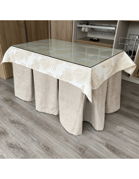 Conjunto antimanchas aterciopelado triple grueso mesa forja relax con tapete Flor Beige