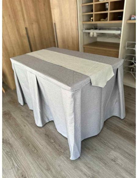 Pack Mesa + Ropa de Mesa Camilla Moderna Antimanchas color Gris Plata con Camino Gris Perla
