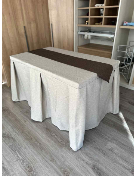 Pack Mesa + Ropa de Mesa Camilla Moderna Antimanchas color Beige con Camino Chocolate