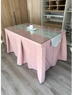 Ropa de Mesa Camilla Moderna Antimanchas color Rosa con Camino Gris Perla