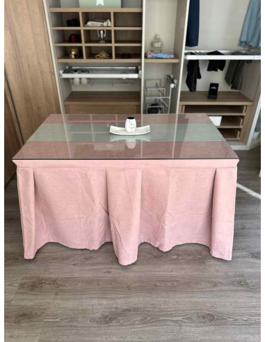 Ropa de Mesa Camilla Moderna Antimanchas color Rosa con Camino Gris Perla