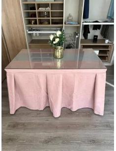 Ropa de Mesa Camilla Moderna Antimanchas color Rosa con Camino Gris Plata 2